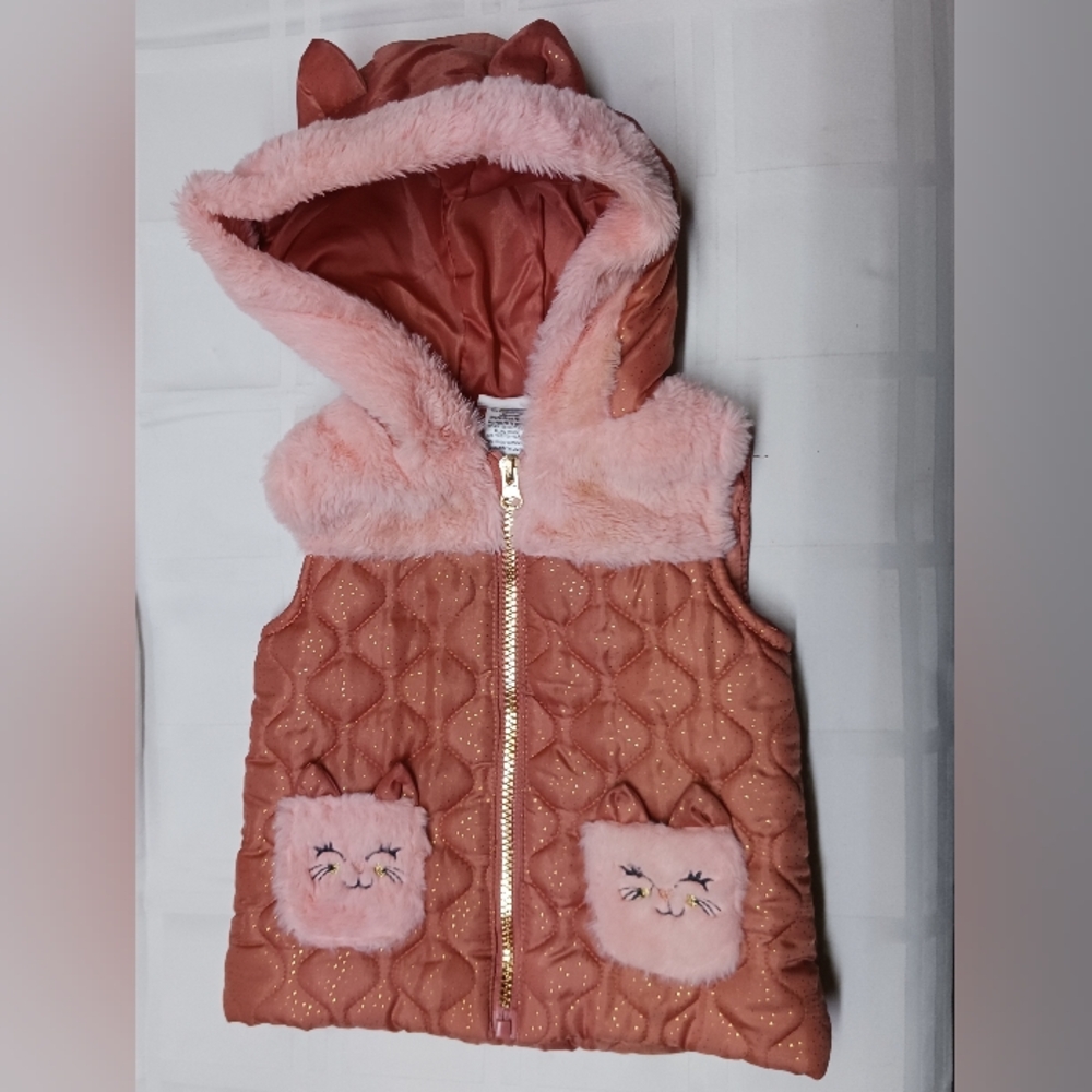 Little Lass Hooded Puffer Cat Vest/ Size 18mo/ Fax fur,Full Zip,Pockets
